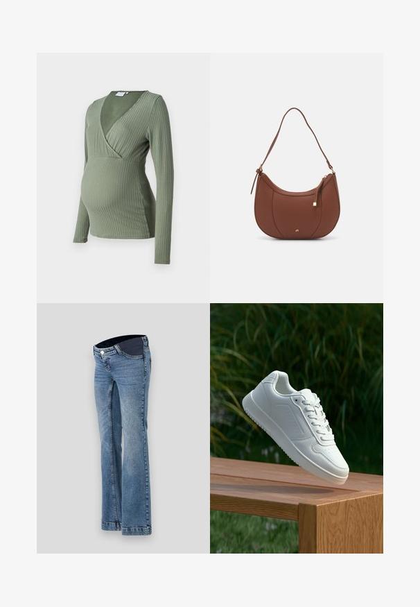 Materniteitstop met lange mouwen van ribstof in donkergroene kleur. Heeft een diepe V-hals en een snug, getailleerd ontwerp om een groeiende buik te accommodate.; Lichtblauwe spijkerbroek met een uitlopende pijpdesign, voorzien van een donkere tailleband en vijf zakken, afgewerkt met zichtbare stikdetails.; Witte sneaker met een gladde synthetische bovenkant, geperforeerde neus, platte veters en een gestructureerde zool, tentoongesteld op een houten oppervlak.; Bruine faux leren schoudertas met een gebogen vorm, minimale stiksels en een gouden hardware-accent. Voorzien van een bovenste ritsluiting en een verstelbare schouderband.