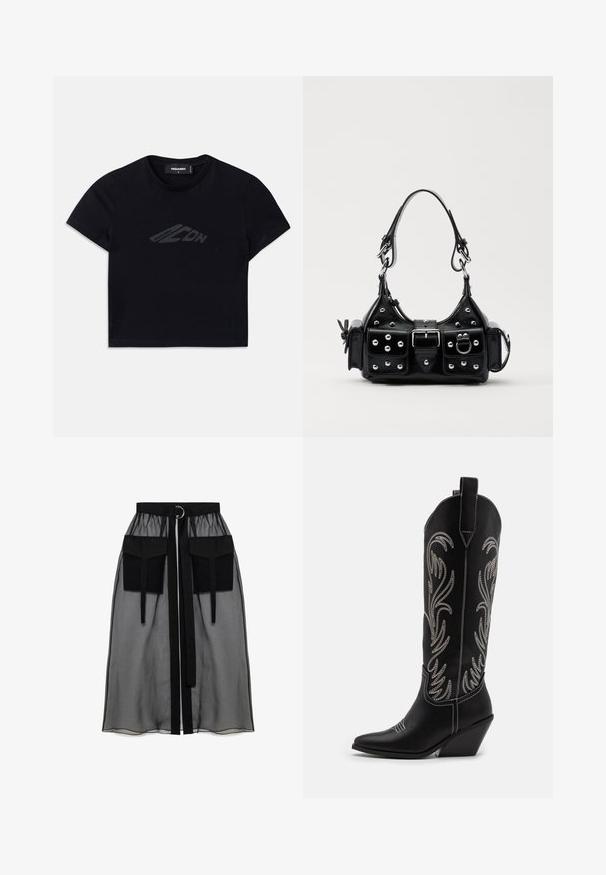 Black cropped t-shirt made of cotton, featuring a subtle dark logo design on the front. Short sleeves and a round neck.; Black sheer skirt with a gathered waistband, featuring two large front pockets, a waist tie, and a circular metal accent.; Black leather cowboy boots with pointed toes, wedge heels, and silver embroidered floral patterns along the shaft. Contrast stitching throughout.; Black leather handbag with a curved design, featuring silver studs, a buckle, and two side pockets. Adjustable strap for carrying options.