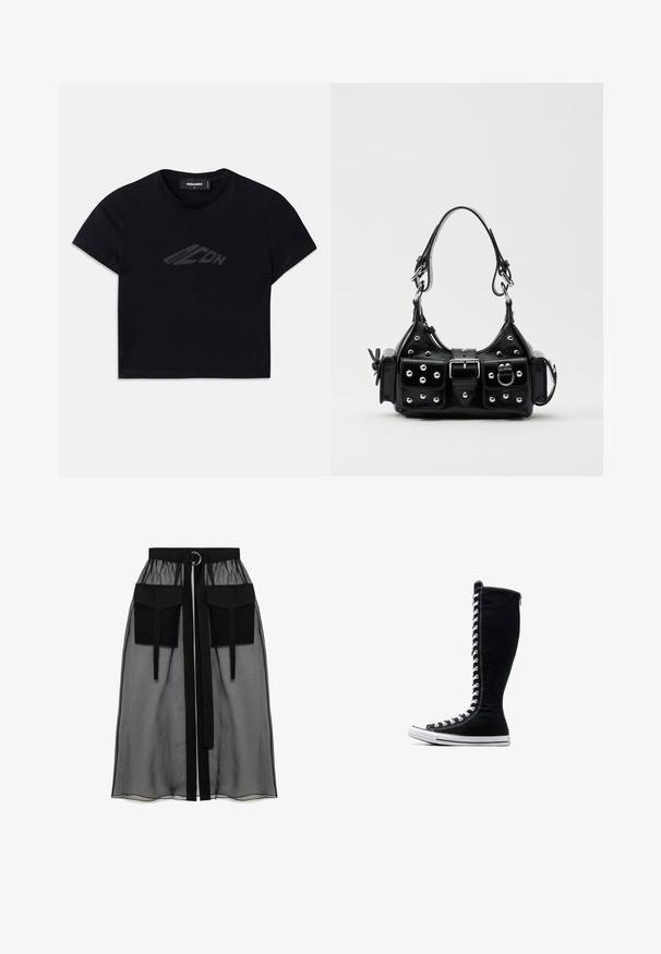 Černé zkrácené tričko vyrobené z bavlny, které má na přední straně jemný tmavý logotyp. Krátké rukávy a kulatý výstřih.; Černá průhledná sukně s nařaseným pasem, která má dvě velké přední kapsy, páskový uzávěr a kulatý kovový akcent.; Černé vysoké tenisky s vysokým designem, vyrobené z plátna. Mají bílé šňůrky, švy a gumovou podrážku s ochranným krytem na špičce.; Černá kožená kabelka s křivkovým designem, zdobená stříbrnými hřebíky, s přezkou a dvěma bočními kapsami. Nastavitelný popruh pro různé možnosti nošení.