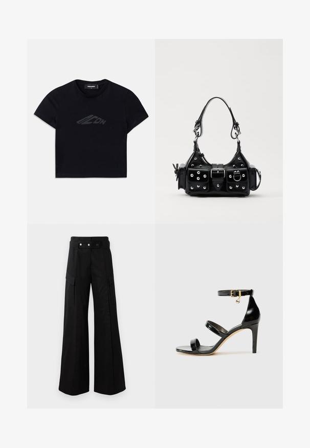 Schwarzes, kurzes T-Shirt aus Baumwolle mit einem subtilen dunklen Logo-Design auf der Vorderseite. Kurze Ärmel und ein runder Ausschnitt.; Schwarze weit geschnittene Hose mit hohem Bund, großen Seitentaschen, zwei vorderen Knöpfen und einer Schlaufen-Detail. Aus robustem Stoff gefertigt.; Schwarze Lackleder-Sandale mit drei Riemen, Knöchelriemen und 10 cm hohen Stiletto-Absatz. Verfügt über goldfarbene Hardware-Details und ein Logo-Charm.; Schwarze Lederhandtasche mit einem geschwungenen Design, verziert mit silbernen Nieten, einer Schnalle und zwei seitlichen Taschen. Verstellbarer Träger für verschiedene Tragemöglichkeiten.