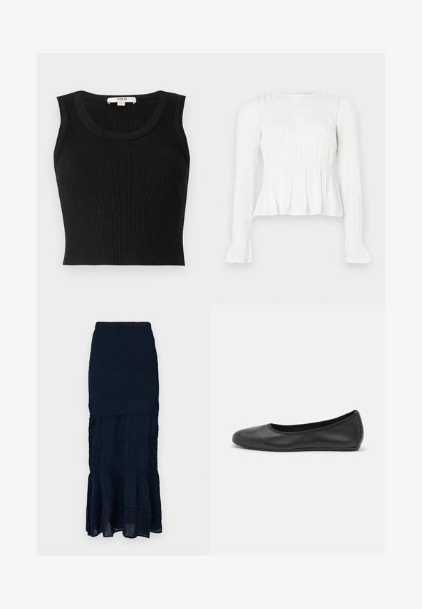 Agolde CROPPED POPPY TANK - Topper - black; Hvit bluse med lange ermer, detaljert med rynket stoff, smocket liv og utsvingte mansjetter på ensfarget bakgrunn.; Marineblå, smocked midiskjørt med et lagdelt, rysjekant og teksturert stoff. Elastisk midjebånd for justerbar passform.; Svart skinnballettflatt med rund tå, glatt tekstur, minimal sømdetalj, og et fleksibelt såledesign.