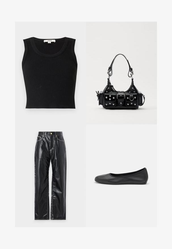 Agolde CROPPED POPPY TANK - Top - black; Črne hlače iz umetnega usnja s širokim krojem, z belim šivom, sprednjimi žepi in zlatim gumbom na pasu.; Črne usnjene balerinke z zaobljenim nosom, gladko teksturo, minimalnimi šivi in fleksibilno zasnovo podplata.; Črna usnjena torbica s ukrivljenim dizajnom, ki vsebuje srebrne žebljičke, zaponko in dve stranski žepki. Nastavljiv trak za različne možnosti nošenja.