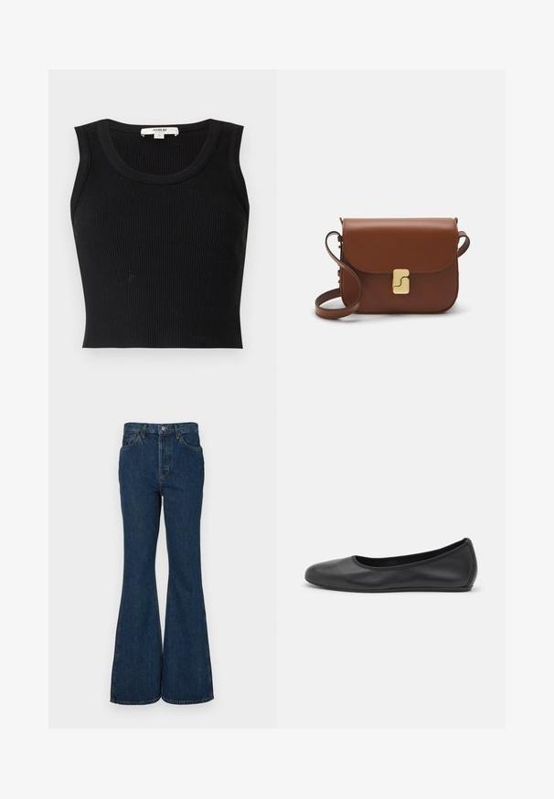 Agolde CROPPED POPPY TANK - Felső - black; Sötét kék, trapéz szabású farmernadrág. Magas derekú, öt zsebbel és kontrasztos varrással rendelkezik. Sima textúrájú és letisztult kivitelű.; Fekete bőr balettcipő lekerekített orral, sima tekstúrával, minimális varrással és rugalmas talp kialakítással.; Barna bőr kézitáska, hajtókás zárással, arany színű fém kiegészítőkkel, vállpánttal és sima felülettel. Kompakt téglalap alakú.