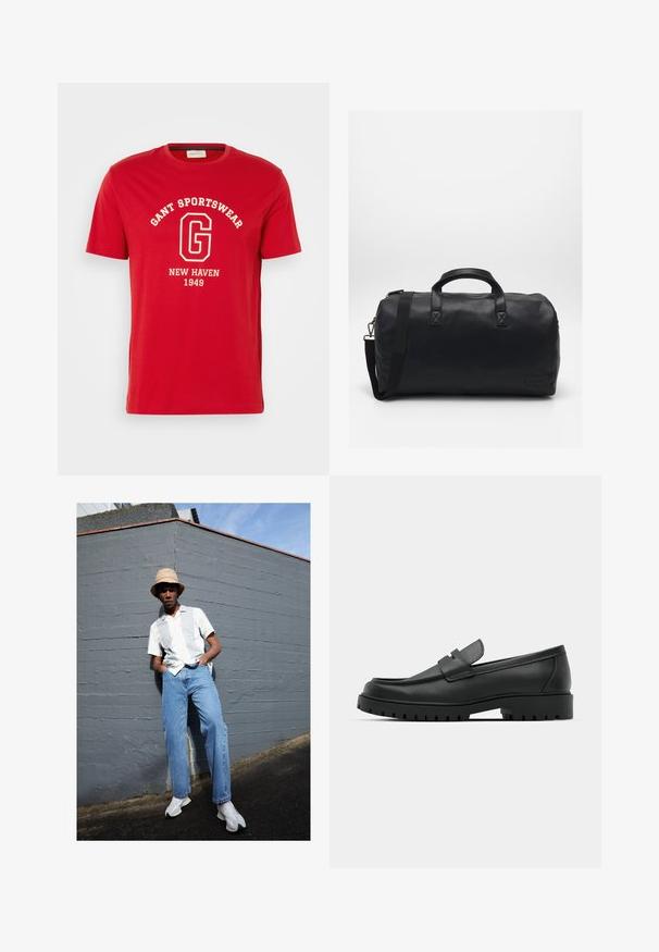 Red short-sleeve t-shirt made of cotton, featuring a white text print of "GANT SPORTSWEAR," and "NEW HAVEN 1949" in a classic font.; Short-sleeve white shirt with light gray stripes, blue denim jeans, and white sneakers, set against a gray wall under clear blue sky.; Black leather loafers with a rounded toe, featuring a stitched design, low platform sole, and a textured, lugged rubber outsole.; Black duffel bag made of textured synthetic material. Features two handles and an adjustable shoulder strap. Simple design with no visible patterns.