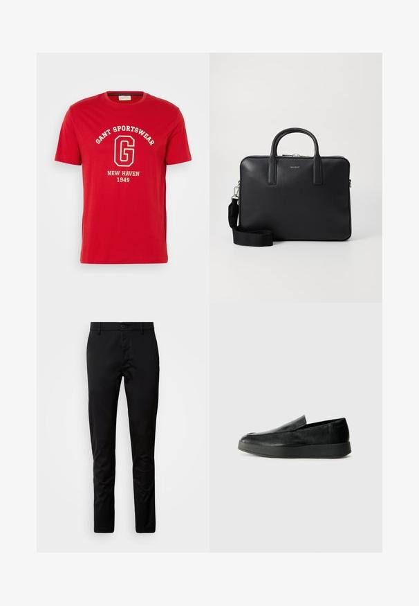 Camiseta roja de manga corta hecha de algodón, con un estampado de texto blanco que dice "GANT SPORTSWEAR" y "NEW HAVEN 1949" en una fuente clásica.; Pantalones negros de corte ajustado, fabricados con una tela suave. Presentan una cintura con cierre de botón y piernas rectas.; Calvin Klein HYBRID CUP - Zapatos sin cordones - triple black; Maletín de cuero negro con un acabado texturizado, asas dobles, correa de hombro desmontable y un detalle de logo en la parte frontal. Cierre de cremallera.