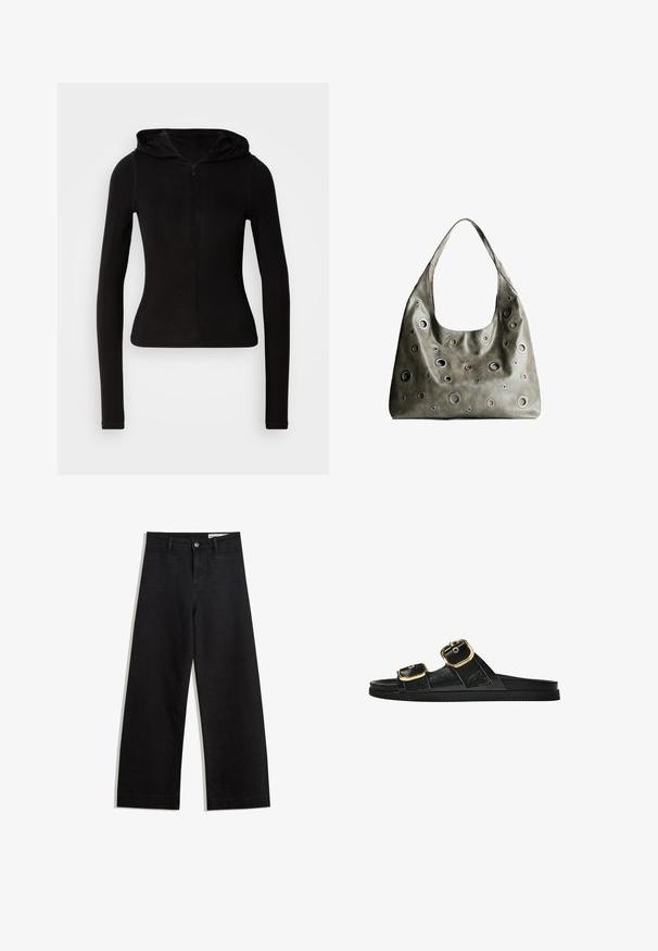 Schwarzes, langärmliges Kapuzenshirt mit einem Frontreißverschluss. Aus einem glatten Stoff gefertigt, figurbetontes Design und minimalistischem Detail. Abgerundeter Saum am unteren Ende.; Schwarze weit geschnittene Jeans mit hoher Taille, ausgestattet mit Vorder- und Hintertaschen, gesteppten Nähten und einem Knopfverschluss. Glatte Textur.; Schwarze Riemensandale mit zwei goldenen Schnallendetails, glattem Material, flachem Sohlen und minimalistischer Gestaltung.; Olivgrünes Lederhandtäschchen mit einem lässigen Design, das verschiedene runde Ausschnitte in unterschiedlichen Größen und Akzente in dunkleren und helleren Farbtönen aufweist.