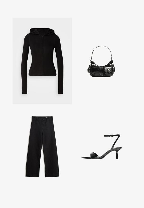 Zwarte lange mouwen hoodie met een rits aan de voorkant. Gemaakt van een gladde stof, uitgevoerd met een aansluitende pasvorm en minimalistische details. Ronde zoom aan de onderkant.; Zwarte denim broek met wijde pijpen en een hoge taille, voorzien van voor- en achterzakken, gestikte naden en een knoopsluiting. Gladde textuur.; Bershka Sandalen met hoge hak - black; Zwarte laarzen in lakleer met een gebogen vorm, één schouderband, voorvakken en accenten in zilverkleurig metaal.