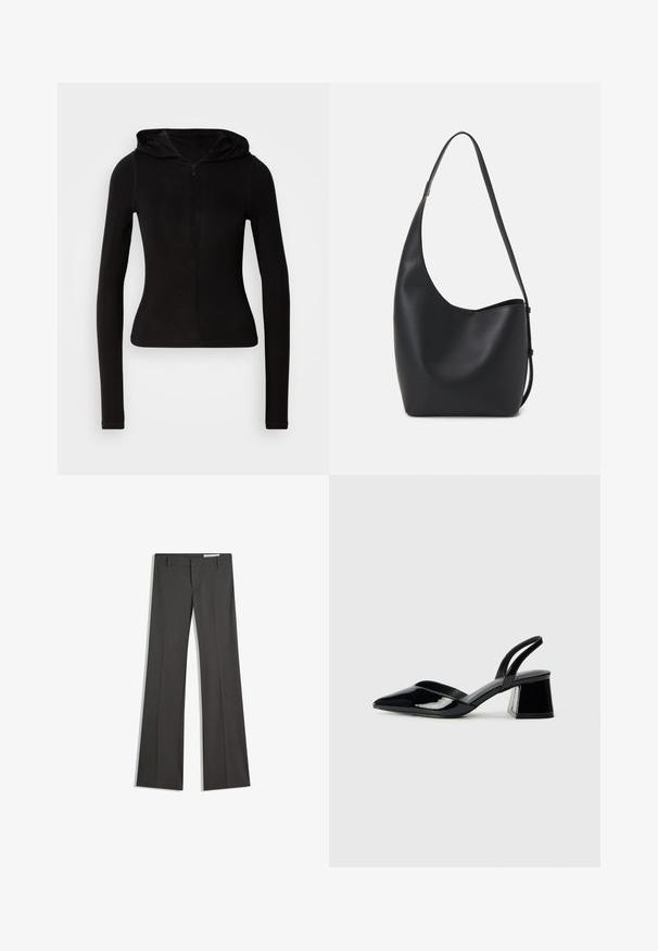 Čierna mikina s kapucňou a dlhými rukávmi, s predným zipsom. Vyrobená z hladkej látky, priliehavý strih a minimálne detaily. Oválny lem na spodnej časti.; Sivé rozšírené nohavice z hladkej tkaniny, s plochým predným dielom, pútka na opasok a so strihom s čistými líniami.; Čierne lakované kožené sandálové podpätky s špicatou špičkou a geometrickým blokovým podpätkom. Disponujú elegantným, minimalistickým dizajnom a hladkým povrchom.; Čierna kožená hobo taška so hladkou textúrou, zakriveným tvarom a jedným nastaviteľným popruhom; má široké otvorenie na vrchu.