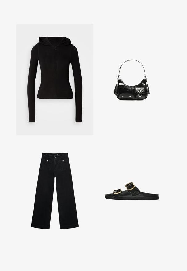 Musta pitkähihaista hupparia, jossa on etuvetoketju. Valmistettu sileästä kankaasta, istuva muotoilu ja minimaalinen yksityiskohtaisuus. Pyöreä helma alareunassa.; Mustat leveälahkeiset farkut korkean vyötärön kanssa, joissa on kaksi etutaskua ja metalliset nappikoristeet. Kangas on sileä.; Musta liukusandaali, jossa on kaksi kultaisesta solkesta tehtyä korostusta, sileäpintainen materiaali, litteä pohja ja minimalistinen muotoilu.; Mustekko mustasta kiiltonahasta valmistettu käsilaukku, jossa on kaareva muoto, yksi olkahihna, etutaskut ja hopeanväriset yksityiskohdat.