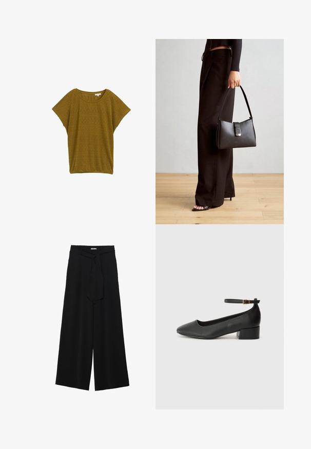 Īsām piedurknēm, sinepju dzeltenas krāsas krekls ar teksturētu dizainu, kam ir sarežģīti izgriezumi ģeometriskā rakstā un apaļa kakla izgriezums.; Melni platleņķa bikses ar teksturētu audumu, elastīgu jostu un noņemamu siksnu viduklī, kas nodrošina regulējamu piegulšanu.; Melnas ādas sūkņi ar smailu purngalu un zemu bloku papēdi. Iezīmēts ar potītes siksniņu ar zelta krāsas sprādzi. Gluda tekstūra.; Melnā somiņa ar strukturētu formu, gludu tekstūru un metālu sprādzi. Saskaņota ar platām melnām biksēm un sandālēm ar atvērtu purngalu uz koka grīdas.