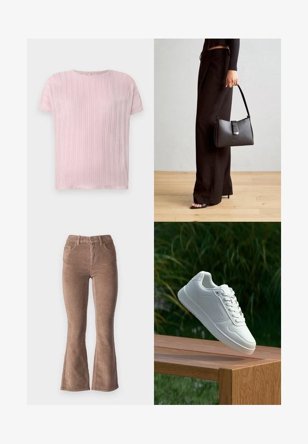 Top scurt roz deschis, cu mânecă scurtă, având un design texturat și striat, cu guler rotund și croială lejeră. Material moale cu un luciu subtil.; Pantaloni evazați din catifea mare maro, cu o textură în pânză, având talie înaltă, cinci buzunare și închidere cu buton în față.; Sneaker alb cu un upper sintetic neted, cu vârf perforat, șireturi plate și o talpă texturată, expus pe o suprafață de lemn.; Genți negre cu o formă structurată, textură netedă și un închizător metalic. Asortată cu pantaloni negri largi și sandale cu vârf deschis pe un podea din lemn.