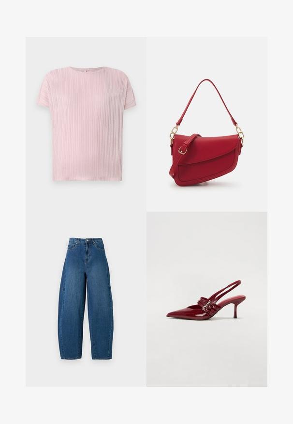 Világos rózsaszín, rövid ujjú felső, texturált bordázott mintával, kerek nyakkivágással és laza szabással. Puha anyag, enyhe fényű.; Közepes kék mosású farmernadrág, magas derékkal, széles lábszárral és hagyományos öt zsebes kialakítással, látható varrási részletekkel.; Piros lakkbőr slingback sarokcipő, hegyes orral, két csatoló pánttal és vékony, közepes magasságú stiletto sarokkal. Simább textúrájú.; Piros, texturált bőr válltáska hosszú pánttal és arany színű fémrészekkel, ívelt fedőrésszel és strukturált formával.
