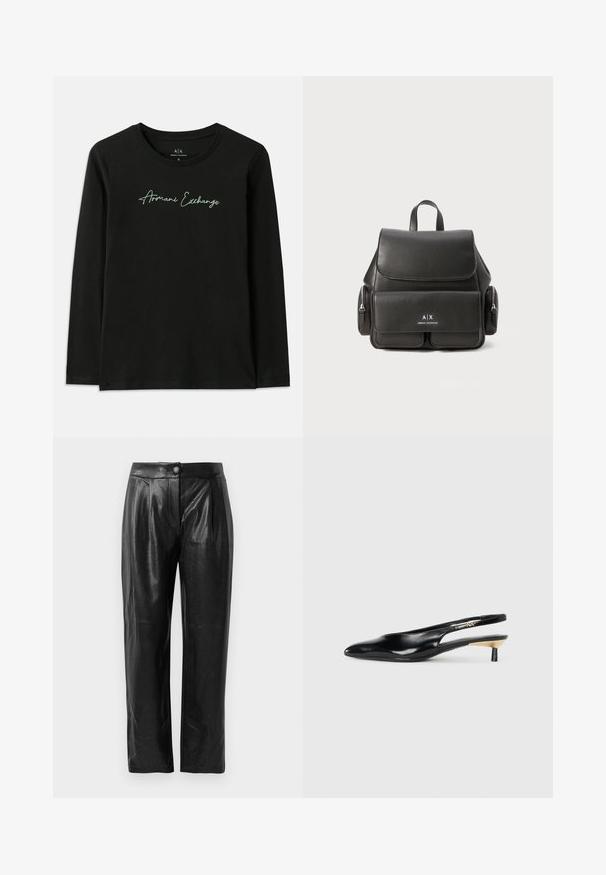 Black long-sleeve T-shirt made of cotton with a crew neckline. Features a green embroidered "Armani Exchange" logo on the chest.; Black faux leather trousers featuring a textured surface, wide-leg cut, front pleats, and a single button closure at the waistband.; Black slingback pump with a pointed toe, glossy leather finish, and a small heel with a gold accent. Sleek design with a open back.; Black leather backpack with a flap closure, front pocket, side zipper compartments, and a top handle. Features logo detailing at the front.