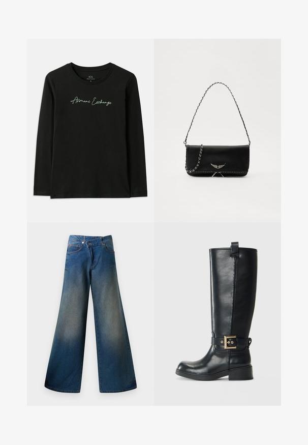 Must musta varrukatega T-särk, mis on valmistatud puuvillast ja millel on ümmargune kaelus. Esiküljel on roheline tikitud "Armani Exchange" logo.; Laiad sinised teksad, mis on valmistatud denimist, veidi pleekinud viimistluse, nähtavate õmbluste, kahe eesmise tasku ja nupuga kinnitusega.; Mustad muste nahast saapad, mis ulatuvad põlvedeni, madala plokk-kandaga, kaunistatud kullavärvi pihustiga ümbritsetud ja ülevalt tõmmitsaga.; Mustvalge nahk käekott hõbedase ahelsanga ja dekoratiivsete tiivaaktsentidega, samuti valgete õmblustega alumises ühenduses.