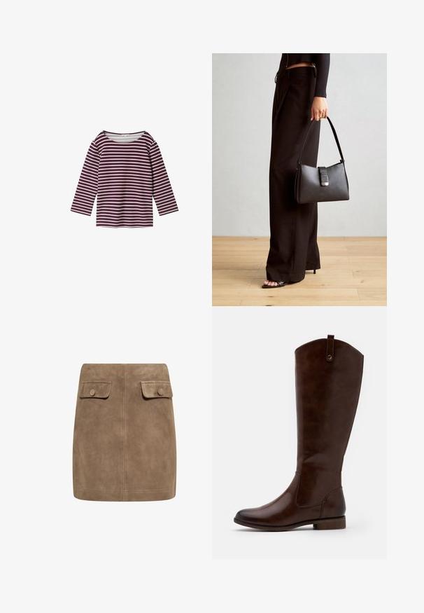 Dryžuota ilgomis rankovėmis viršutinė dalis tamsiai purpurinės ir baltos spalvos. Yra platus kaklo iškirpimas ir laisvas siluetas, pagaminta iš minkštos medvilnės mišinio medžiagos.; Ruda zomšinė mini sijonas su lygiu paviršiumi, turintis dvi priekinės kišenes su atverčiamais dangteliais ir mygtukų užsegimus kiekvienoje pusėje. Paprasta, tiesi konstrukcija.; Rudi iki iki iki tamsiai rudos odos, su apvaliu kojų pirštu, žemu storžieviu kulnu ir subtilia siūlų rašto linija šonuose.; Juodas rankinė struktūrizuota forma, lygi tekstūra ir metalinis užsegimas. Suporuota su plačiomis juodomis kelnėmis ir atvirais bateliais ant medinių grindų.