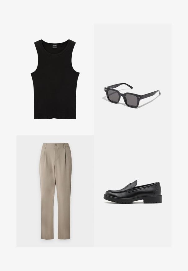 Čierny rebrovaný top bez rukávov s okrúhlym výstrihom a širokými otvormi na rukávy, vyrobený z mäkkej, elastickej látky. Značka: Pull&Bear.; Khaki nohavice so štýlom rovného strihu, s uzatváraním na gombík a skladaným predkom. Vyrobené z hladkej tkaniny s matným povrchom.; Čierne kožené mokasíny s okrúhlou špičkou, s designom na obúvanie a hrubou gumovou podrážkou s textúrovanou protišmykovou úpravou. Vyvýšený opatok a jemné prešívanie.; Čierne obdĺžnikové slnečné okuliare s tmavými sklami, s hrubým rámom, jemnými akcentmi na stranách a bez viditeľných log, okrem názvu značky.; Strieborné hodinky z nerezovej ocele s modro-červeným rámčekom, námorníckou čelom, bielymi hodinovými značkami, quartzovým mechanizmom, vodoodolnosťou do 200 m a zobrazením dátumu.