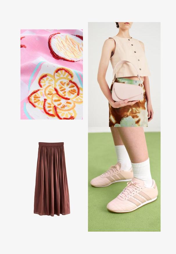 Roosa puuvillakangas, millel on tikitud sidruni motiivid, koos kollaste ja oranžit ning värvikirevate aktsentidega.; Pruun, põlvikuni ulatuv seelik, mis on valmistatud kergest kangast ja millel on tekstuuriga viimistlus. Omab elastset vööd ja kogutud voldikesi kogu ulatuses.; Heled roosa sportjalatsid diagonaalse õmblusega, valged tallad ja kolm külgtriipu. Kandmiseks ribadega valgete sokkidega rohelisel pinnal.; Roosa nahast käekott, millel on kõver klapp, üks õlarihm ja puhtad jooned. Kotil on sile pind ja minimalistik disain.