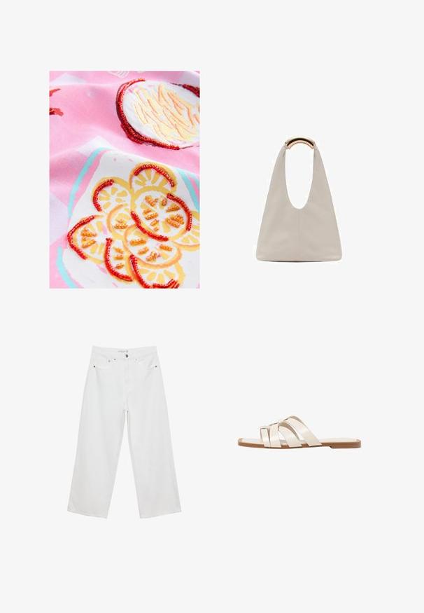 Bawełniana tkanina w kolorze różowym z haftowanymi wzorami cytryn, ozdobiona żółtymi i pomarańczowymi koralikami, tworzącymi teksturowe akcenty i kolorowy wzór.; Białe spodnie dżinsowe w stylu szerokich nogawek z wysokim stanem, wyposażone w pięć kieszeni i metalowe akcenty. Gładka struktura, bez widocznych wzorów.; Płaskie sandały z brązową gumową podeszwą, zaprojektowane z trzema nakładającymi się na siebie białymi skórzanymi paskami i małym detalem w postaci kokardy na środku.; Jasnoszara skórzana torba o kształcie litery U z zakrzywionym metalowym uchwytem. Gładka tekstura z minimalnymi szwami i bez widocznych wzorów.