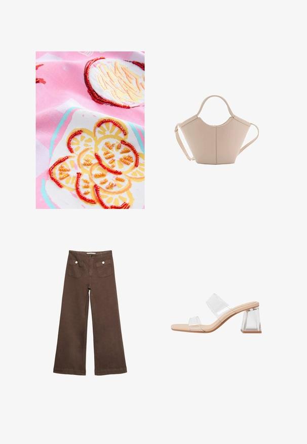 Bavlnená látka v ružovej farbe s vyšívanými vzormi citrónov, ktoré sú zdobené žltými a oranžovými korálkami, vytvárajúcimi textúrované akcenty a farebný vzor.; Hnedé široké nohavice vyrobené z bavlny, s dvoma prednými vreckami so striebornými gombíkmi a hladkou textúrou.; Priesvitné sandále na podpätku s dvomi priehľadnými popruhmi, béžovým základom a geometrickým priehľadným blokovým podpätkom. Minimalistický dizajn s hladkou textúrou.; Béžová kožená kabelka s unikátnym tvarom, vybavená dvoma krátkymi uchami a jedným dlhým nastaviteľným popruhom. Hladký povrch s minimálnym kovovým príslušenstvom.