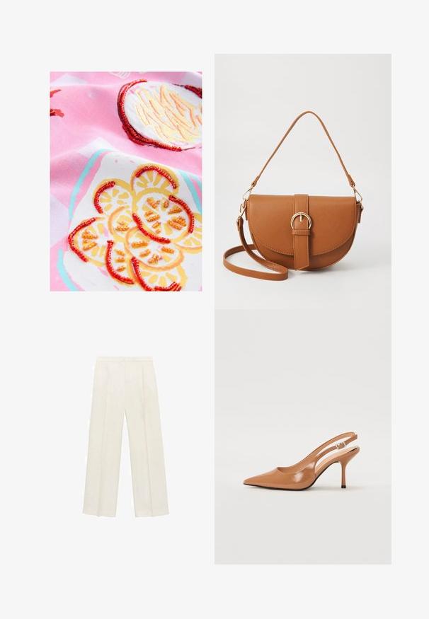 Katoenen stof in het roze met geborduurde citroendessins, voorzien van gele en oranje kraaltjes, die textuuraccenten en een kleurrijk patroon creëren.; Wijdgevallen broeken in een lichtcrème kleur. Gemaakt van een zachte stof met plooien aan de voorkant en zijzakken.; Puntige slingback hak in een glad, glanzend beige materiaal. Bevat een gebogen uitsnijdontwerp en een slanke stiletto hak. Zilveren gesp detail.; Bruine leren schoudertas met een gebogen vorm, gouden hardware en een gespaccent. Bevat een afneembare schouderriem.