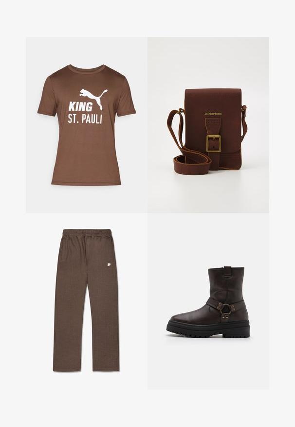 Καφέ βαμβακερό T-shirt με λευκή εκτύπωση γραφικών. Το κείμενο γράφει "KING ST. PAULI" με ένα λογότυπο πάνθηρα που πηδάει από πάνω. Με κοντά μανίκια και στρογγυλή λαιμόκοψη.; Καφέ, υφασμάτινα παντελόνια με ελαστική μέση, δύο πλαϊνές τσέπες και μια μικρή λογότυπη λεπτομέρεια στο αριστερό πόδι. Σχέδιο με ίσια γραμμή.; Καφέ δερμάτινη μπότα αστράγαλου με τετράγωνη μύτη, αξεσουάρ αγκράφας και χοντρή μαύρη σόλα. Διαθέτει φερμουάρ στο πλάι και υφασμένη επιφάνεια.; Καφέ δερμάτινη τσάντα χιαστί με κλείσιμο καπάκι, χρυσό λογότυπο και λεπτομέρεια από σύγκρουση. Διαθέτει μακρύ ρυθμιζόμενο λουρί και υφή επιφάνειας.