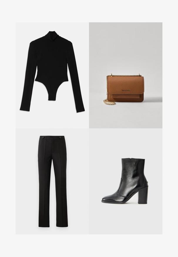 Black long-sleeve bodysuit made from stretchy fabric, featuring a high mock neck and a fitted design with a thong bottom.; Black tailored trousers with a straight leg, two front pockets, a button closure, and pleat detailing on the front. Smooth fabric texture.; Black leather ankle boot with a smooth texture, pointed toe, and a chunky high heel. Features a side opening and minimalistic design.; Brown textured leather crossbody bag with gold chain strap and flap closure. Front features logo detail and a pocket under the flap.
