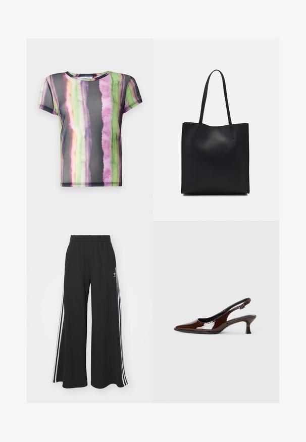 Kortermet T-skjorte laget av gjennomsiktig stoff, med et fargerikt akvarellstripemønster i grønne, rosa og lilla toner.; Svart vide joggebukser med elastisk midjebånd, med hvite sidestriper og brodert logo på venstre lår.; Brune patentlæder slingback sko med spids tå og moderat hæl. Har en spænde rem for sikker pasform. Glat tekstur.; Svart lær tote bag med glatt tekstur, rektangulær form og to lange håndtak. Ingen synlige deler eller dekorasjoner.