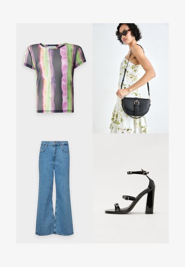 Tričko s krátkym rukávom vyrobené z priesvitného materiálu, so štýlovým vzorom pruhov v akvarelových farbách zelenej, ružovej a fialovej.; Svetlomodré rozšírené džínsy vyrobené z denimu, s vysokým pásom, piatimi vreckami a jednopoložkovým zapínaním na gombík. Mäkká textúra s vyblednutým povrchom.; Čierne lakované sandále na podpätku so štvorcovou špičkou, navlečenými remienkami okolo členku a striebornými prackami. Disponujú masívnym blokovým podpätkom pre stabilitu.; Čierna kožená kabelka s zaobleným tvarom, odnímateľným popruhom a zlatými doplnkami. Kabelka má klopu s detailom s prackou.