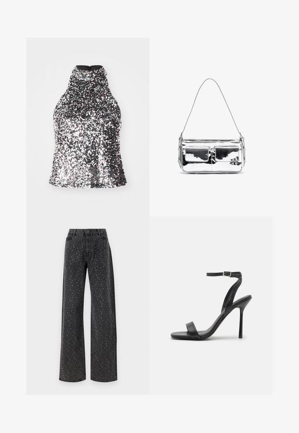 Sudraba sekvošu halter topiņa ar augstu kakla izgriezumu, pieguļošu augšdaļu un gludu iekšējo audumu. Iekļauta aizmugurējā rāvējslēdzēja aizdare.; Melna kamzole ar plānām siksniņām, rotāta ar melnajām un sudraba spīdumiem dažādos izmēros, kas veido izkaisītu rakstu auduma virsmā.; Noisy May NMJANNEL LOOSE - Brīva piegriezuma džinsi - black denim; Melnas augstpapēžu sandales ar šauru potītes siksniņu un divām priekšējām joslām. Izgatavotas no gludas ādas ar elegantu smailo purngalu un stiletto papēdi.; Sudraba metāla plecu soma ar divām priekšējām kabatām, gluda tekstūra, šuvju detaļas un viena noņemama siksna. Kompakta taisnstūrveida forma.