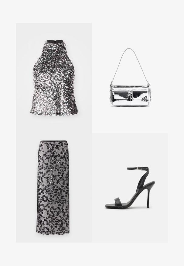Srebrny halter top z cekinami, o wysokim dekolcie, dopasowanej talii i gładkiej wewnętrznej tkaninie. Posiada zamek błyskawiczny z tyłu.; Długa czarna spódnica z przezroczystą nakładką ozdobioną rozsianymi czarnymi, cekinowymi wzorami kwiatowymi, na neutralnym tle.; Czarna sandałka na wysokim obcasie z cienkim paskiem wokół kostki i dwoma pasami z przodu. Wykonana z gładkiej skóry, z eleganckim spiczastym noskiem i obcasem typu stiletto.; Srebrna metaliczna torebka na ramię z dwoma kieszeniami z przodu, gładką fakturą, detalami w postaci szwów i jednym odczepianym paskiem. Kompaktowy prostokątny kształt.