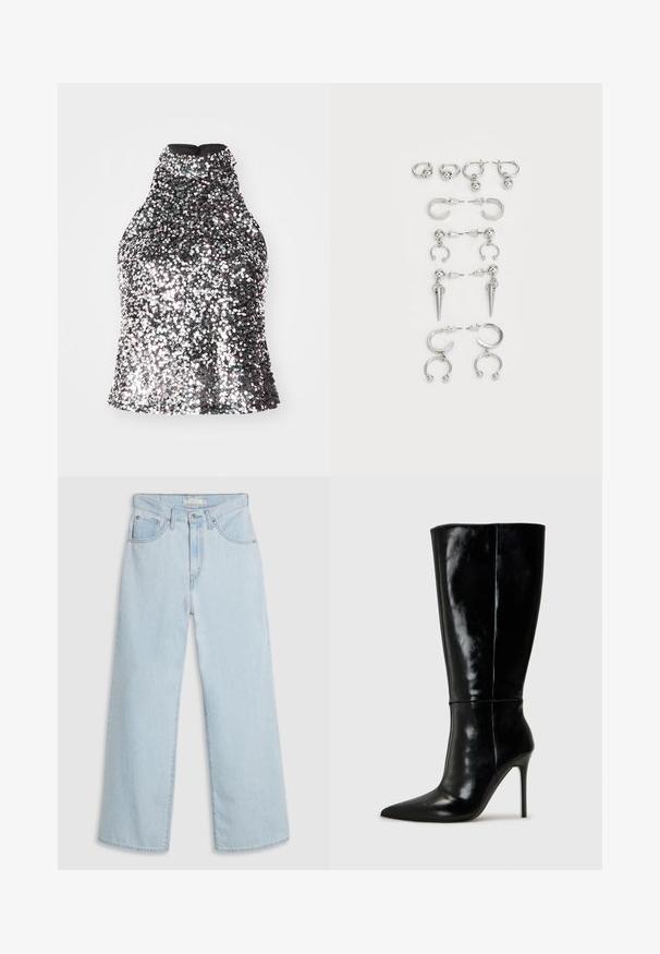 Hõbedane säbruline halter-top kõrge kaelusega, vormitud korpus ja sile sisematerjal. Omab taga tõmblukuga sulgemist.; Hele sinised laia säärega teksapüksid kõrge vöökohaga, millel on nööp- ja tõmblukukinnitused, topeltesmised taskud ning peened õmblused.; Mustad nahast kuni põlveni ulatuvad saapad terava ninaga ja kõrge stiletto kontsaga. Sile tekstuur ja stiilne disain, millel on minimaalne kaunistus.; Hõbedaste kõrvarõngaste komplekt, mis sisaldab erinevaid stiile: rõngad, kõrvaaugud ja rippuvad mudelid, millel on kuulitaolised aktsendid ja teravad elemendid.