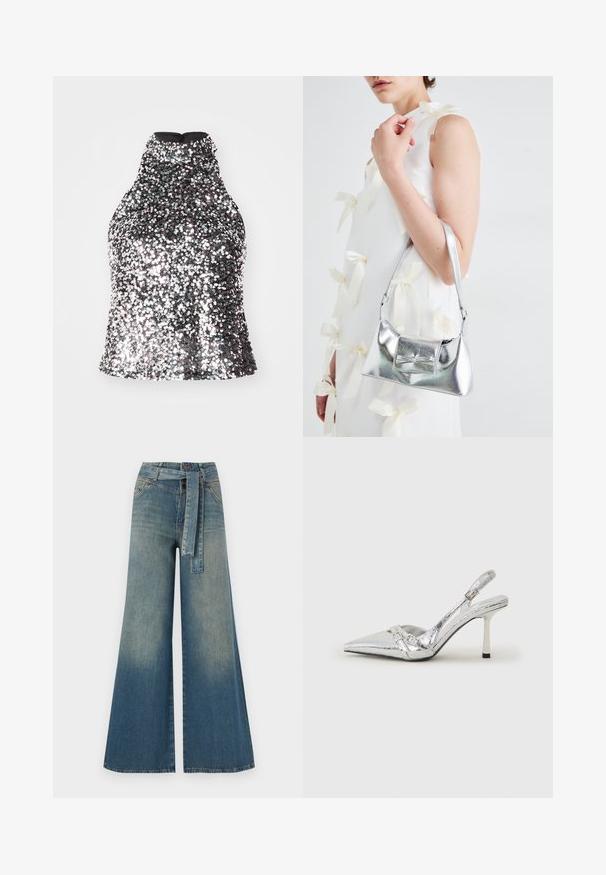 Zilveren paillettenhalsbandtop met een hoge halslijn, aansluitend lijfje en een gladde binnenstof. Voorzien van een ritssluiting aan de achterkant.; Wijduitlopende denim broek met een lichte naar donkere blauwe gradient, hoge taille, riemlussen en een bijpassende stoffen riem. Gestructureerde denimafwerking.; Zilveren slingback hoge hak schoen met een spitse neus, metalen afwerking, twee decoratieve banden en een slanke hak met een zwarte punt.; Zilveren metallic handtas met een gestructureerde vorm, voorzien van een bovenhandvat en een strikdetail aan de voorkant. Gladde textuur, reflecterende afwerking.