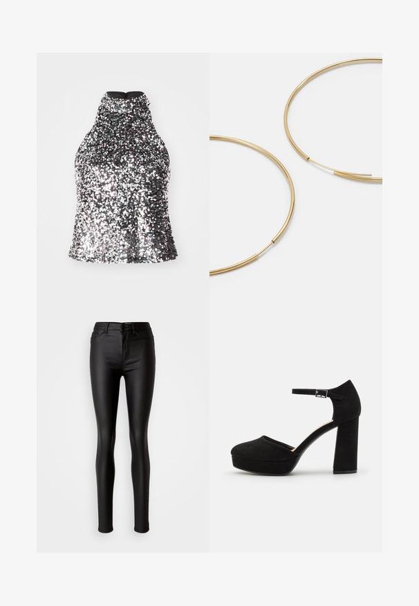 Stříbrný halter top pokrytý flitry s vysokým výstřihem, přiléhavým korzetem a hladkou vnitřní tkaninou. Obsahuje zip na zadní straně.; Černé skinny džíny z umělé kůže s hladkým povrchem, vysokým pasem, zapínáním na knoflík a tradičním pěti-pocket designem.; Černé zamšové platformové podpatky s širokým blokovým podpatkem, zaoblenou špičkou a kotníkovým páskem, který je zajištěn kovovou sponou. Hladký povrch po celém obvodu.; Zlaté kruhové náušnice, tenké a kulaté, s hladkým kovovým povrchem a bez zdobení či vzorů.; Černá kožená peněženka s překlopným víkem, zlatými prvky a logem. Obsahuje odnímatelný popruh pro nošení.