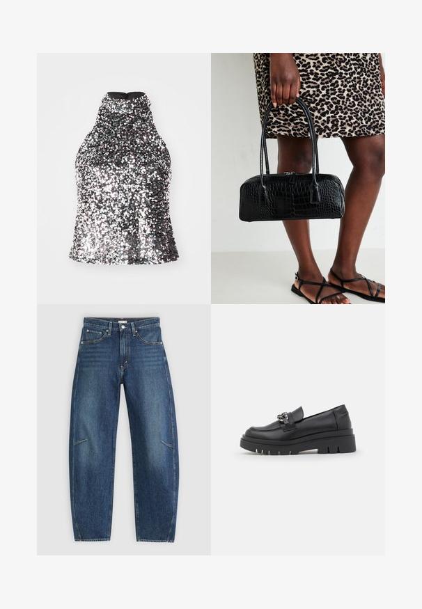 Sudraba sekvošu halter topiņa ar augstu kakla izgriezumu, pieguļošu augšdaļu un gludu iekšējo audumu. Iekļauta aizmugurējā rāvējslēdzēja aizdare.; Tumši zili džinsi ar taisna kāju dizainu, ar priekšējiem kabatām, kontrastējošu šuvju un nemanāmu izbalējušu struktūru uz kājām.; Melna loafer stila kurpe ar masīvu platformas zoli, gludu ādas augšdaļu, dekoratīvu ķēdes akcentu un nelielu papēdi ar iegriezumu.; Melnas krokodila tekstūras somiņa ar divām rokturiem un rāvējslēdzēja aizdari. Somai ir taisnstūra forma un spīdīga virsma.