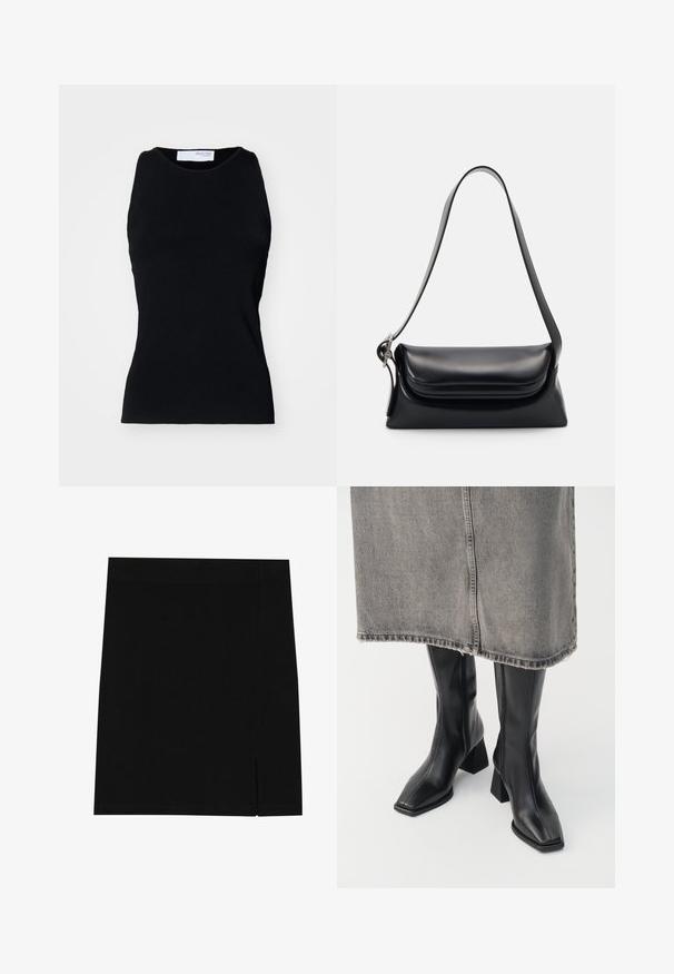 Juodas raibotas be rankovių marškinėlis su apvaliu kaklu ir prigludusia forma. Pagamintas iš tamprių medžiagų, demonstruoja lygų paviršių ir be siūlių kraštus.; Juoda mini sijonas, pagamintas iš švelnios medžiagos, su prigludusia forma, su lengva plyšyje šone tam, kad suteiktų papildomą akcentą.; Juoda aukštaūgiai batai iš lygaus odos su kvadratiniu pirštu ir blokuotu kulnu. Dėvimi su pilku džinsiniu sijonu su nusigraužta apvadu.; Juodas odinis rankinės krepšys su struktūrizuota forma, glotnia tekstūra ir viena petneša. Pasižymi subtiliu, apvaliu dangčiu.; Sidabrinis Casio kvarcinis laikrodis su stačiakampiu ciferblatu, analoginiais ir skaitmeniniais rodmenimis, nerūdijančio plieno apyranke ir atsparumu vandeniui.