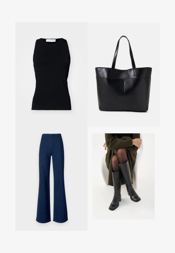 Černý žebrovaný top bez rukávů s kulatým výstřihem a přiléhavým střihem. Vyrobeno z elastického materiálu, který se vyznačuje hladkou strukturou a bezešvými okraji.; Tmavě modré rozšířené džíny vyrobené z denimu s elastickým pasem. Mají hladkou texturu a široký střih vedoucí až k lemu.; Černé kožené boty po kolena s hranatou špičkou a blokovým podpatkem, předvedené na modelce sedící v olivově zeleném kabátu. Hladký povrch, minimalizované detaily.; Černá kožená taška s dlouhými ušima, hladkým povrchem a strukturovaným tvarem. Obsahuje přední kapsu pro další úložný prostor.
