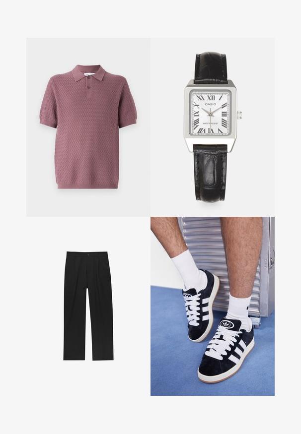 Korte mouwen polo shirt in mauve met een gestructureerd zigzagpatroon, een puntige kraag en twee knopen op de sluiting. Zacht breiwerk.; Zwarte broeken met een recht model, gemaakt van een gladde stof. Voorzien van een voorplooien en een enkele knoopsluiting bij de taille.; Zwarte suède sneakers met witte veters en drie witte strepen. Heeft een cirkelvormig zwart logo op de tong en een gumrubberen zool.; Zilveren vierkante horloge met een witte wijzerplaat, zwarte Romeinse cijfers en de tekst "WATER RESIST". Zwarte leren band met een gestructureerde afwerking.