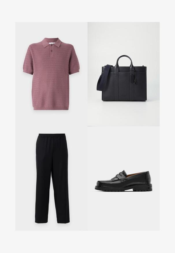 Short-sleeve polo shirt in mauve with a textured zigzag pattern, a pointed collar, and two buttons on the placket. Soft knit material.; Black pants with an elastic waistband, straight leg design, and a smooth, lightweight fabric. No visible pockets or patterns.; Black leather loafers feature a raised seam, two decorative straps on the upper, and a thick textured sole for added grip.; Dark navy leather briefcase with dual top handles and a detachable strap. Features textured finish, vertical stitching, and logo detail.