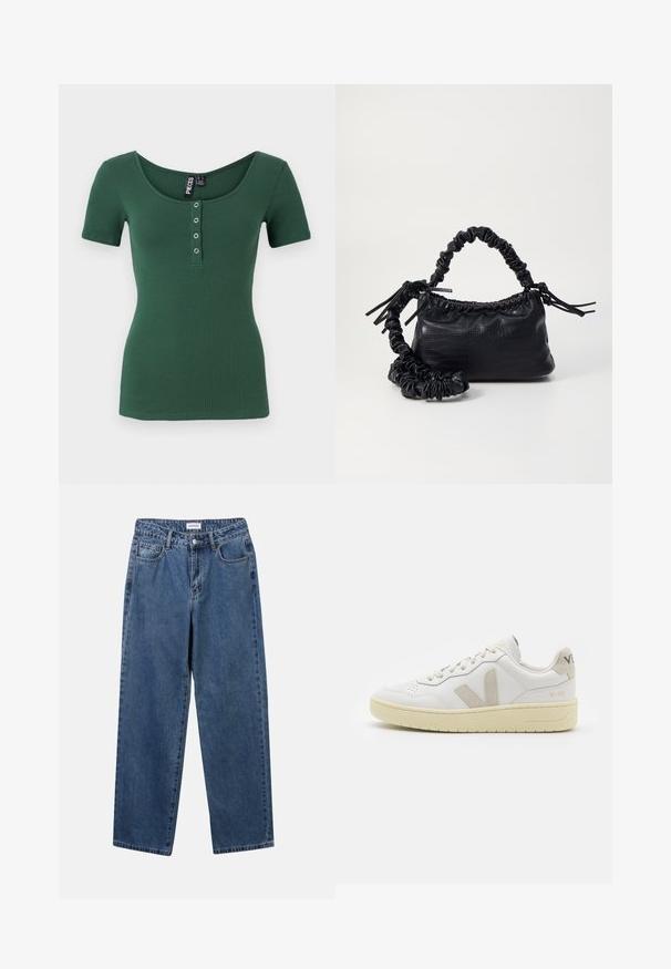 Vászon anyagú, rövid ujjú, bordázott felső sötétzöld színben, kerek nyakkivágással. Elöl gombos záródással, ezüstszínű patent gombokkal. Puha tapintású.; Klasszikus kék farmernadrág egyenes szárú dizájnal, öt zsebbel és gombos zárással. Közepes mosású és strapabíró textúrával rendelkezik.; Fehér bőr sneaker bézs velúr részletekkel, perforált orr résszel, lapos fűzőkkel és textúrált krémszínű talppal. Finom márkajelzés található a sarkán.; Fekete műbőr kézi táska krokodil bőr textúrával, összehúzható tetejű és gyűrt pánttal. Lágy és kompakt dizájnúnak tűnik.