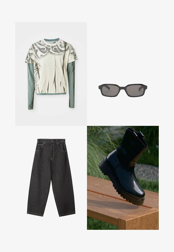 Grafický dlhý rukáv tričko s krémovým telom a dekoratívnym šedým potlačou, a modro-zeleným dlhým rukávom ako spodnou vrstvou. Hladká textúra látky.; Čierne deninové nohavice s širokými nohavicami a žltým prešívaním, s dizajnom na päť vreciek a stredne vysokým pásom. Textúrovaná tkanina s hladkým povrchom.; Čierne členkové čižmy s lesklým povrchom, robustnou podrážkou a dvoma ťahacími pútkami. Umiestnené nad drevenou lavičkou, so zelenou trávou v pozadí.; Čierne obdĺžnikové slnečné okuliare s tmavošedými šošovkami, s hrubým plastovým rámom a hladkým povrchom. Bez viditeľného loga.