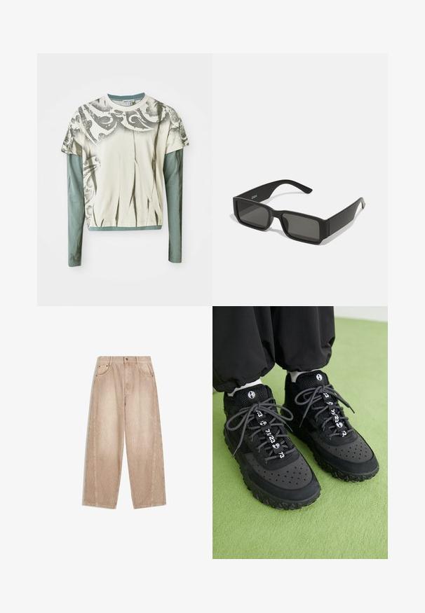 Maglietta a manica lunga con grafica, caratterizzata da un corpo color crema con una stampa decorativa grigia e un sottoveste a manica lunga color teal. Tessuto di texture liscia.; Pantaloni a gamba larga in corduroy beige con righe verticali, dotati di tasche frontali, passanti per la cintura e chiusura con zip e bottone.; Le sneakers nere presentano un mix di materiali in pelle e rete, una suola in gomma testurizzata, perforazioni prominenti e lacci decorati con motivi numerici.; Occhiali da sole neri con lenti rettangolari, montatura in plastica opaca e bordi dritti. Presentano il logo del marchio sulla parte interna del braccio.