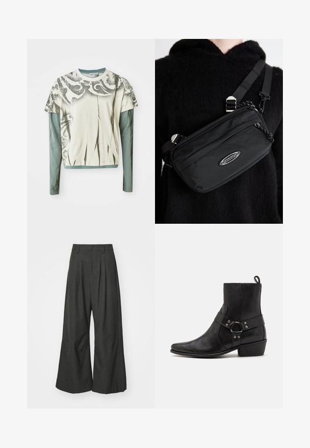 Graphic long-sleeve t-shirt featuring a cream body with a decorative gray print, and a teal long-sleeve underlayer. Smooth fabric texture.; Jaded London GOLIATH TROUSER UNISEX - Trousers - grey; Black leather ankle boots with a pointed toe, side strap featuring a round hardware accent, and a low block heel. Smooth texture.; Black nylon crossbody bag with adjustable strap, featuring a smooth texture, a front zipper pocket, and a logo accent.