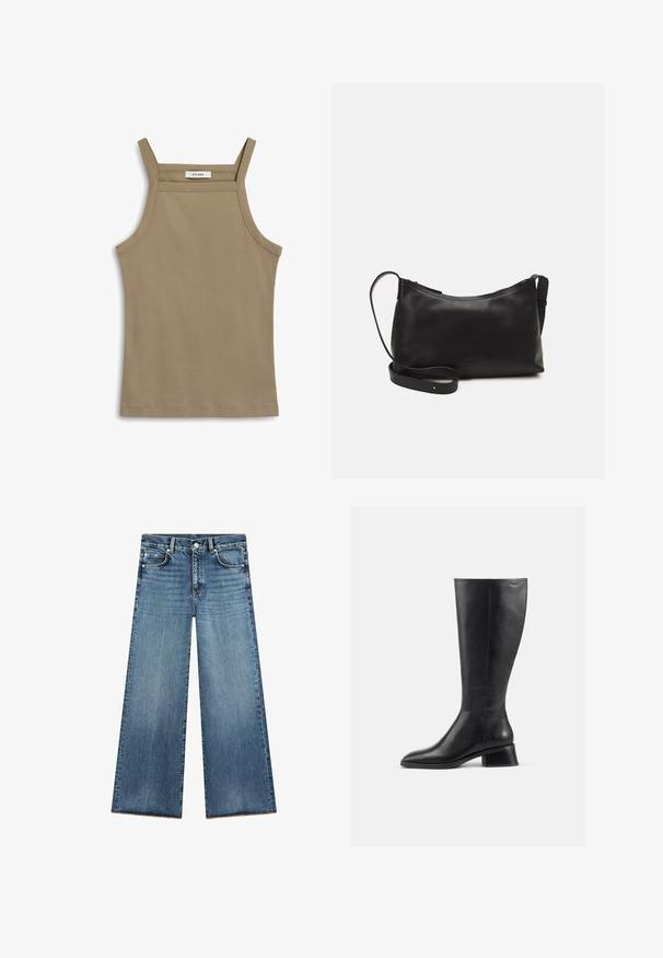 Khaki linne med tunna axelband, ribbad textur och rak nederkant. Lappen läser "IVY OAK" vid halsringningen.; Ljusblå vida jeans i denim med hög midja, med fem fickor, kontrasterande stitching och fransar vid fållen.; Knähög svart läderstövel med rund tå och låg, klossig klack. Har en slät yta och minimalistisk sömnadsdetalj.; Svart läder axelväska med en slät yta, rundad form, justerbar rem och dragkedjestängning. Minimalistisk design utan utsmyckningar.