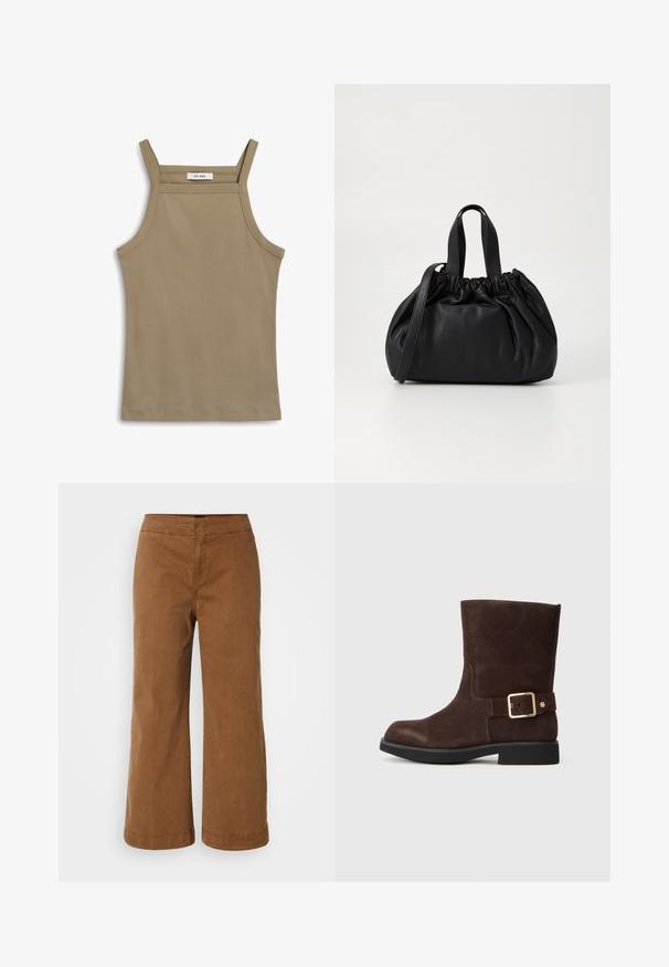 Khaki színű ujjatlan felső, vékony pántokkal, bordázott textúrával és egyenes aljjal. A címkén "IVY OAK" felirat található a nyakvonalnál.; Barna, széles lábú nadrág, puha anyagból, sima textúrával. Magas derékkal és varrott részletekkel rendelkezik.; Barna velúr bokacsizma, lekerekített orral, lapos fekete talppal és arany csat kiegészítéssel az oldalon. Sima textúra és egyszerű dizájn.; Fekete bőr kézitáska, összegyűrt felső dizájnnal, két rövid fülekkel és egy hosszú, állítható pánttal. Simább textúra, lekerekített forma.