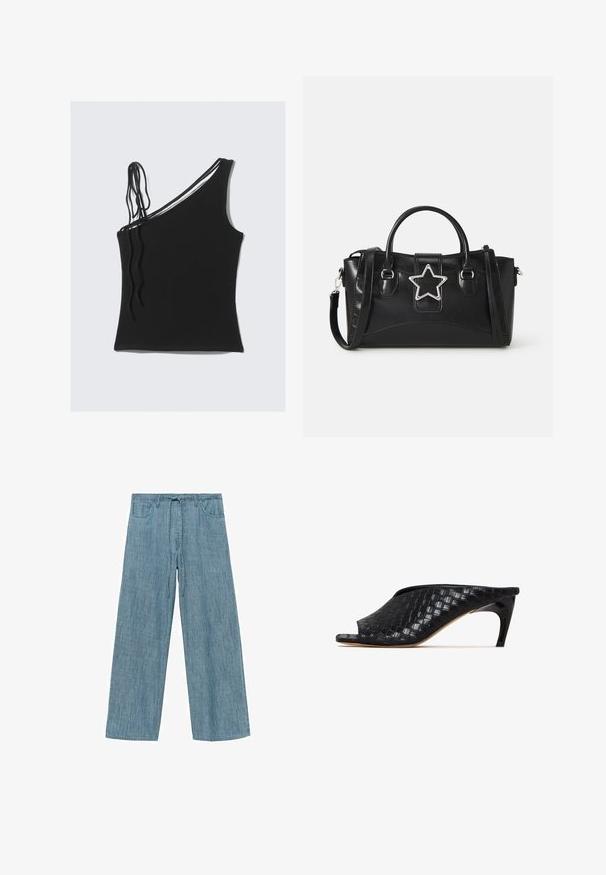 Top nero senza maniche con una spalla e dettagli incrociati sottili. Tessuto liscio con un design aderente.; Pantaloni a gamba larga a righe azzurro chiaro con vita regolabile, dotati di due tasche frontali e un tessuto morbido e texture.; Mule nere intrecciate con punta aperta e un tacco curvo e elegante. Il materiale ha una finitura lucida, con un motivo a scacchi textured.; Borsa nera in finta pelle con un accento argento a forma di stella, manici doppi e una tracolla regolabile.