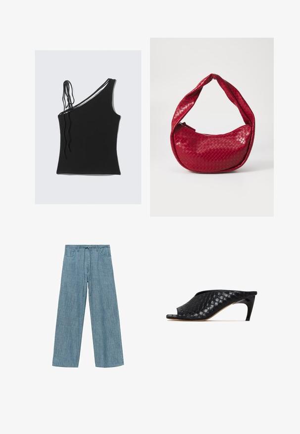 Zwarte mouwloze top met één schouderband en dunne gekruiste details. Glad stof met een aansluitend ontwerp.; Lichtblauwe gestreepte wijde pijpenbroek met een trekkoord in de taille, voorzien van twee zijzakken en een zachte, gestructureerde stof.; Zwarte gevlochten muiltjes met een open teen en een slanke, gebogen hak. Het materiaal heeft een glanzende afwerking en vertoont een gestructureerd, geruit patroon.; Rode geweven leren handtas met een gebogen, gevoerde handgreep, ritssluiting en een gestructureerde afwerking, met een glanzende glans overal.
