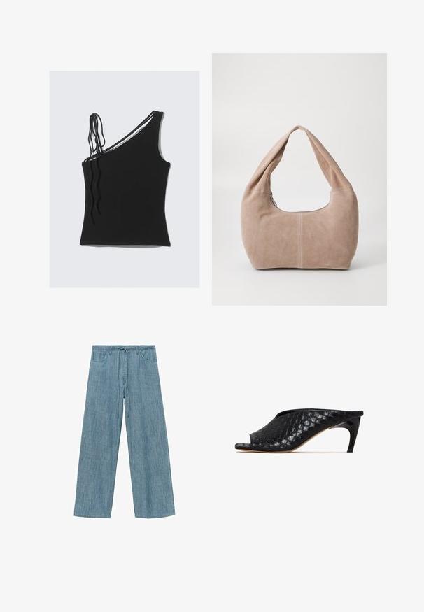 Top negru fără mâneci, cu un singur bretele și detalii subțiri încrucișate. Material neted cu un design ajustat.; Pantaloni cu dungi albastre deschise, cu croială largă și talie ajustabilă cu șnur, având două buzunare frontale și un material moale, texturat.; Muli negri împletite cu vârf deschis și un toc elegant, curbat. Materialul are un finisaj lucios, cu un model texturat, în carouri.; Geantă hobo realizată din material moale, de tip suede, într-o nuanță de bej deschis. Are o formă rotundă, cu o curea lată și închidere cu fermoar.