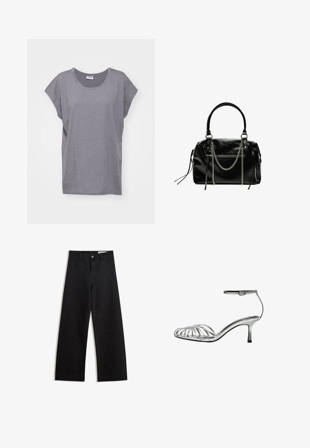Noisy May NMMATHILDE LOOSE LONG - T-shirt basic - charcoal gray; Zwarte denim broek met wijde pijpen en een hoge taille, voorzien van voor- en achterzakken, gestikte naden en een knoopsluiting. Gladde textuur.; Zilveren, strapless sandaal met een lage hak, voorzien van meerdere kruislings straps, een enkelbandje met een gesp en een gladde, glanzende textuur.; Bershka WITH CHAIN - Handtas - black