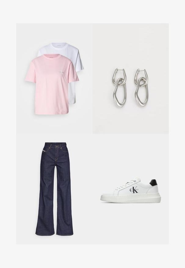 Divas T-krekli: viens gaiši rozā un viens balts. Abi ir īsām piedurknēm, izgatavoti no kokvilnas, ar apaļu kakla izgriezumu un nelielu lojot uz krūtīm.; Tumši zili platleņķa džinsi no denima auduma ar augstu jostasvietu, ar oranžām šuvēm, piecu kabatu dizainu un pogu aizdari.; Baltā zema topa sporta apavas ar melnu papēža cilni, platformas zoli, auklēm un Calvin Klein "CK" logo sānos.; Calvin Klein STATEMENT LINKS - Auskari - silver-coloured