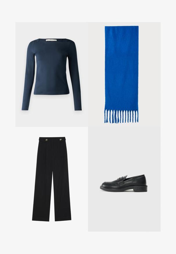 Sötétkék, hosszú ujjú felső négyzet alakú kivágással, sima, rugalmas anyagból készült. Testhezálló sziluettel és minimális varrási részletekkel rendelkezik.; Fekete, bő szárú nadrág magas derékkal, gombos részletekkel a derékrészen és elülső pliszékkal.; Fekete bőr loaferek kerek orral, varrott részletekkel és kis sarkal. Sima textúrájúak és rugalmas gumitalppal rendelkeznek.; Kék, rojtos sál puha anyagból; egyszínű, texturált felülettel rendelkezik, az alján pedig egyenletesen vágott rojttal van ellátva.; Fekete bőr bevásárlótáska két hosszú fogantyúval, sima felülettel és strukturált formával. Elülső zseb található rajta a plusz tárolás érdekében.